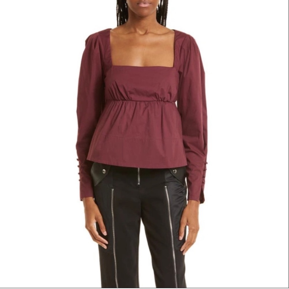 STAUD Peggy Babydoll Blouse Plum Purple Square Neck XS NWT Empire Sleeve Top